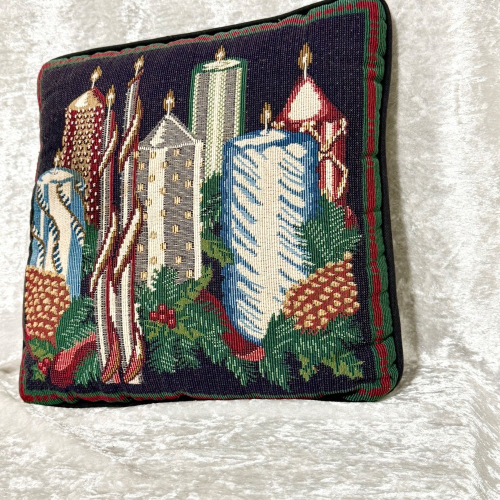 Vintage Christmas Candle Tapestry Accent Pillow Cozy Holiday Decor 18" x 18" - Picture 3 of 7